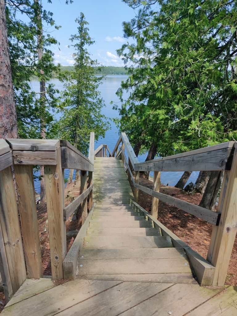 The wooden staircase that lead to Chase Point at the end of Chase Point Trail at Scenic State Park in Bigfork, MN